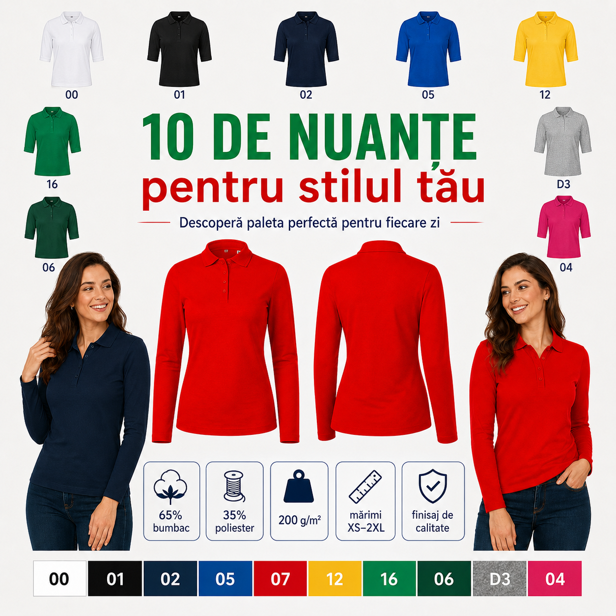 Bluză polo damă cu m&acirc;necă lungă potrivită pentru birou, oraș, vacanță și timp liber